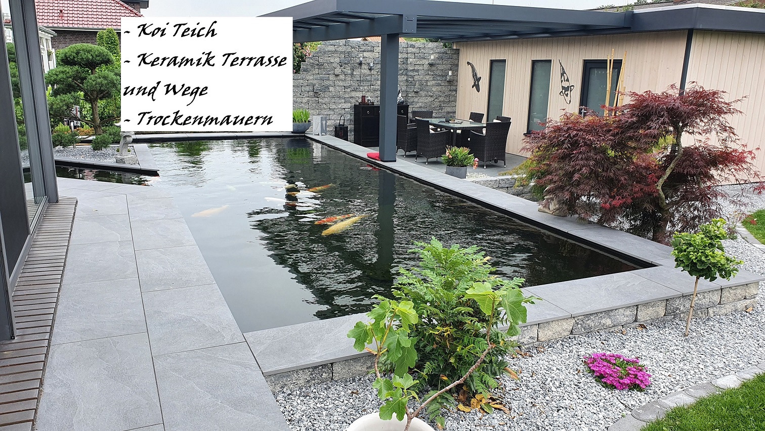 - Koi Teich 
- Keramik Terrasse und Wege
- Trockenmauern